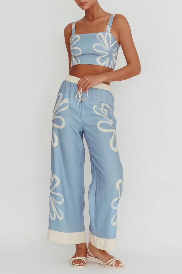 Soft Elastic Waist Plant Print Ladies Wide Leg Pants