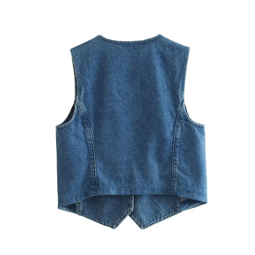 Sleeveless Denim V Neck Button Vest