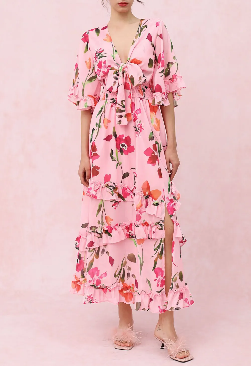 PINK BLOSSOM TIE-FRONT V-NECK MAXI DRESS