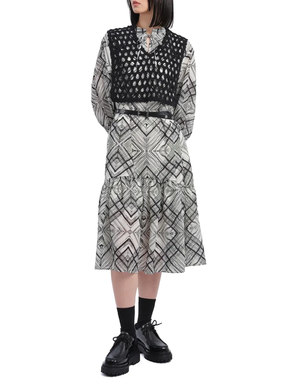 Geometric Pattern Long - Sleeve Midi Dress