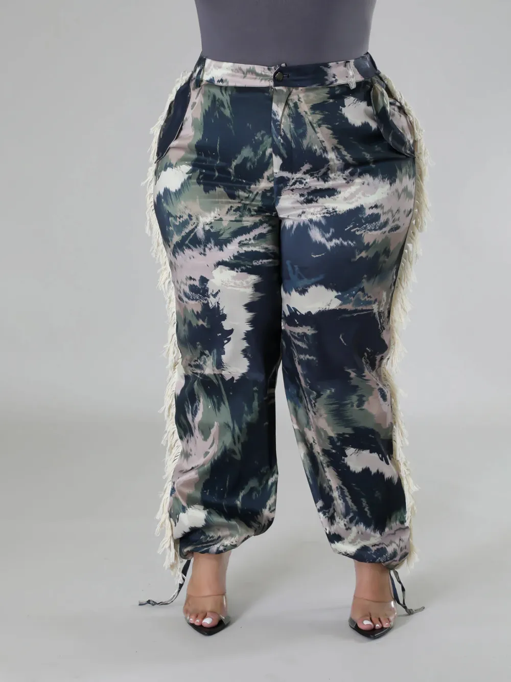 Plus-Size Fashion Women'S Camouflage Pattern Fringe Pants