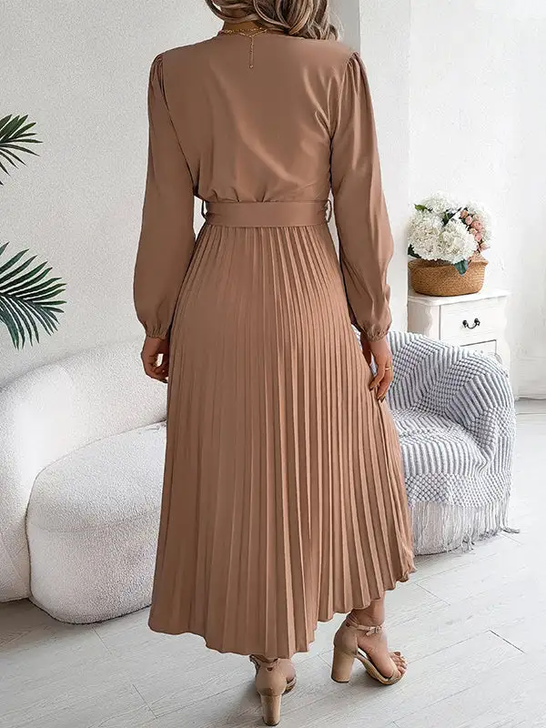 Pleated Buttoned Belted Long Neck Maxi Dress