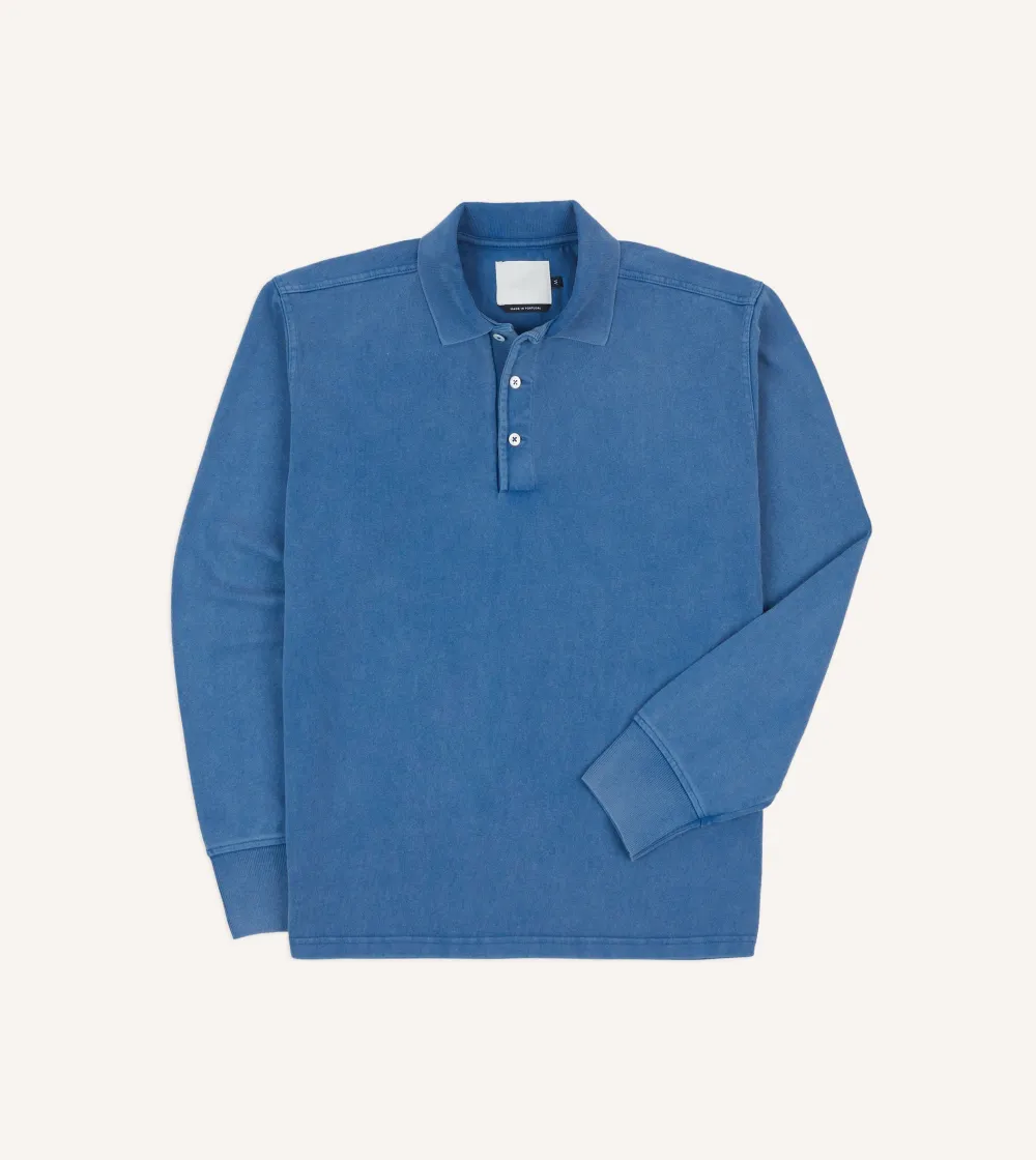 Indigo Cotton Jersey Long Sleeve Polo Shirt Plain