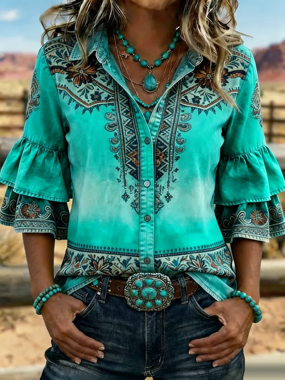 Women's Western Aztec Print Ombre Bell Sleeve Blouse
