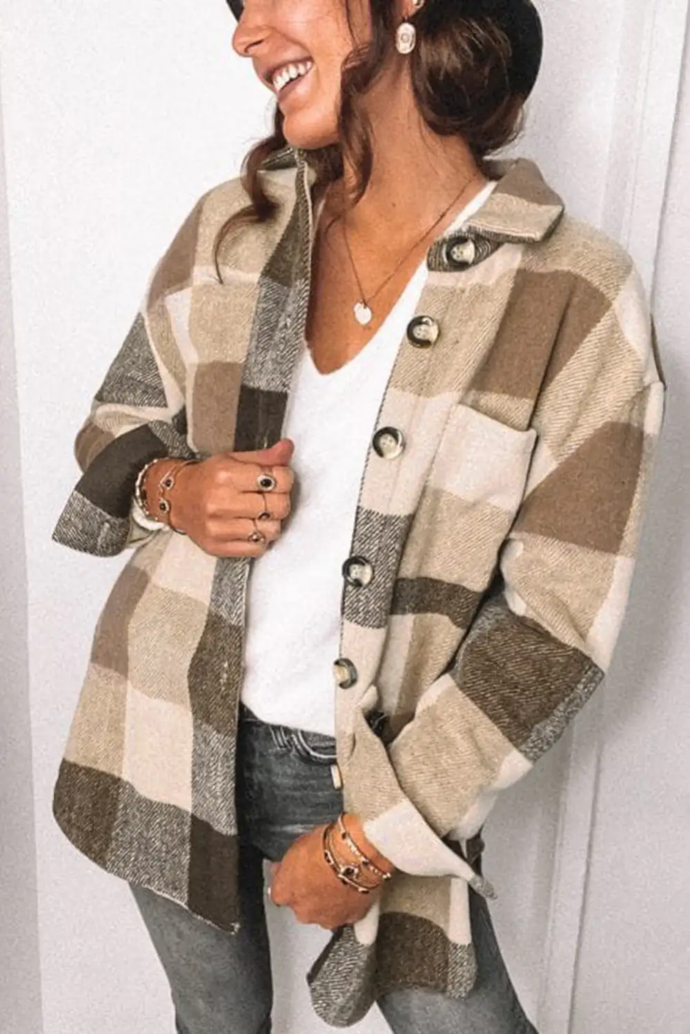 Everyday Plaid Pocket Button Front Jacket