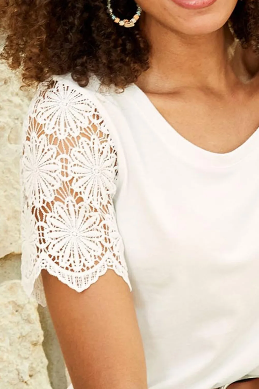Women's Cotton Lace Hollow Sleeve Short Sleeve