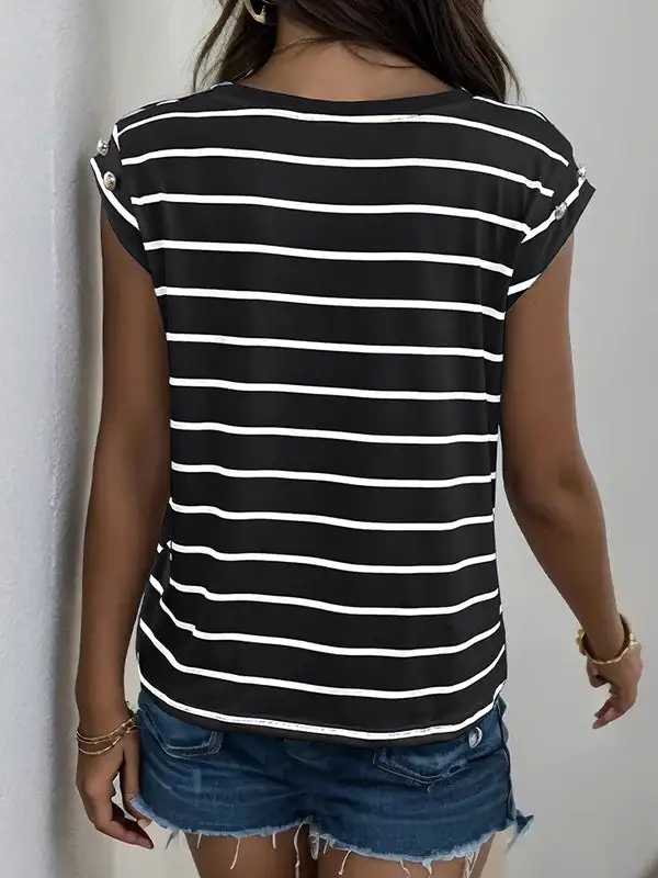 Relaxed Short Sleeve Panel Detail Stripe Round Neck T-Shirt
