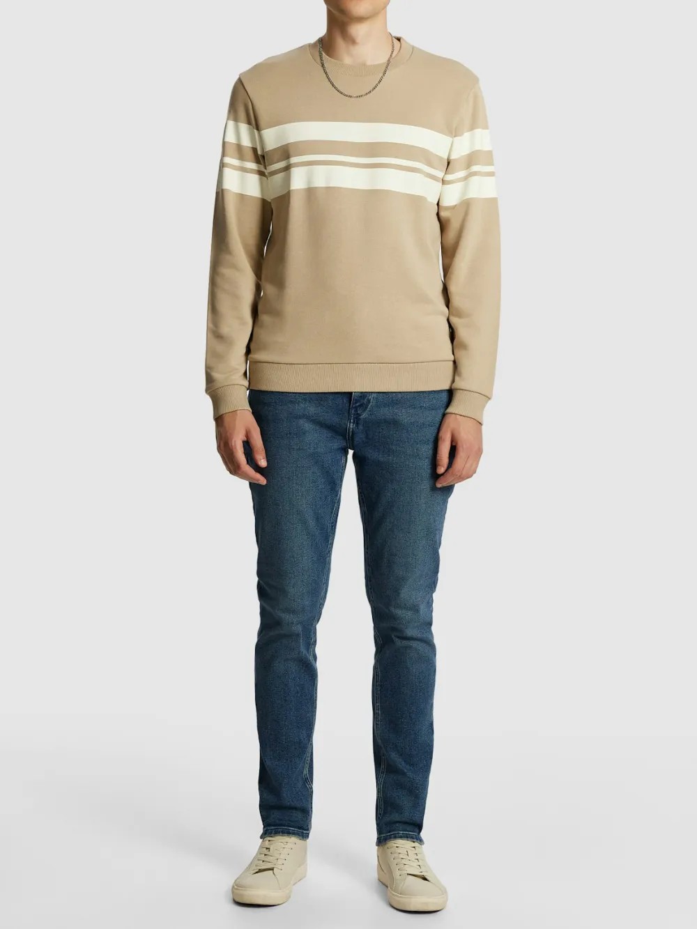 Tan Crew Neck Striped Sweatshirt
