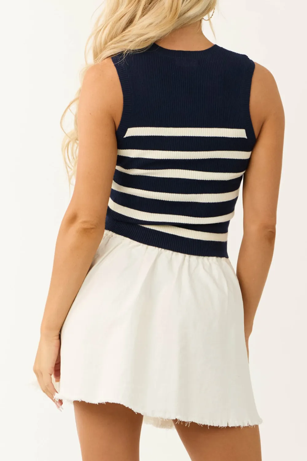 Navy and Cream Striped Sweater Knit Tank Top