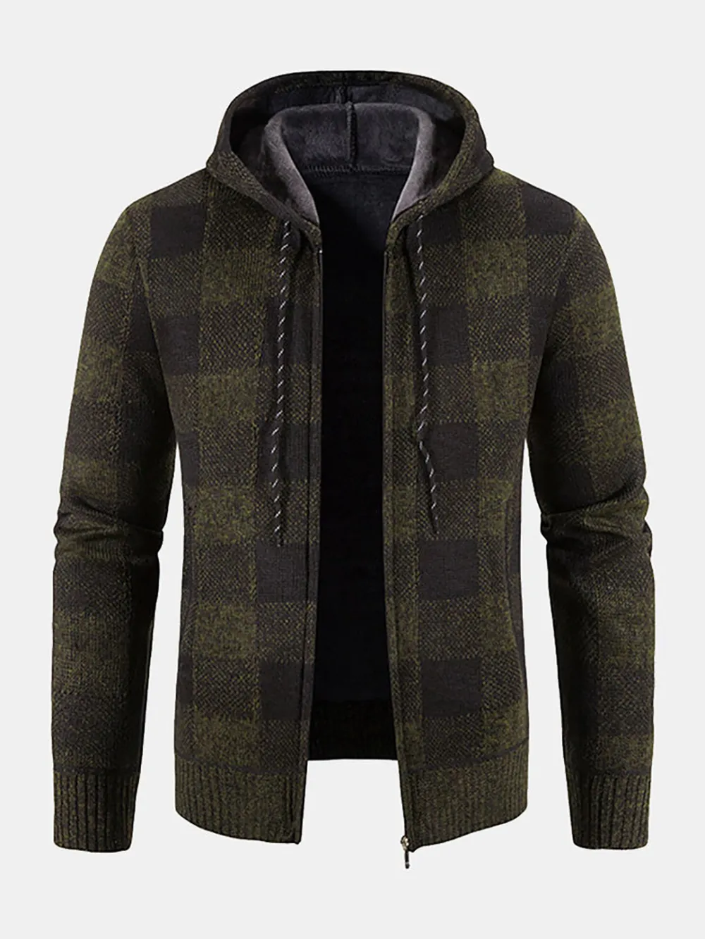 Plaid Zip Up Hooded Cardigan