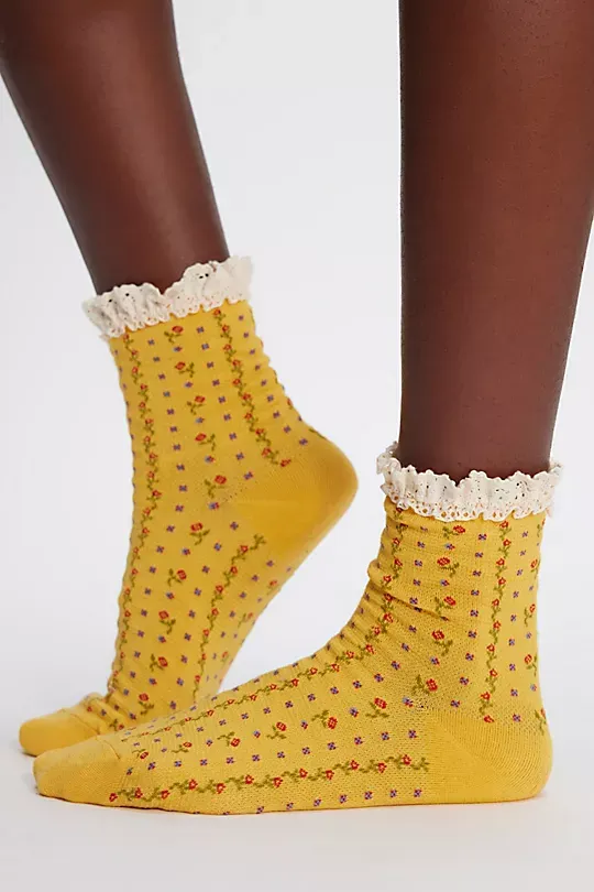 Floral Waffle Knit Socks Bule