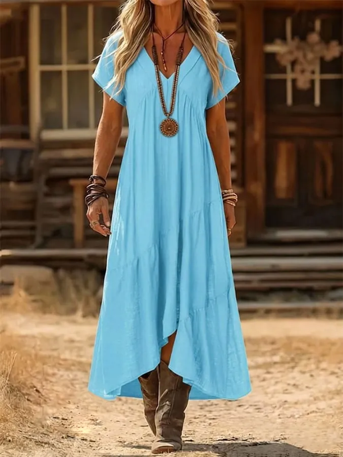 Retro V-neck Spliced Dress Casual Loose Fit Western Style