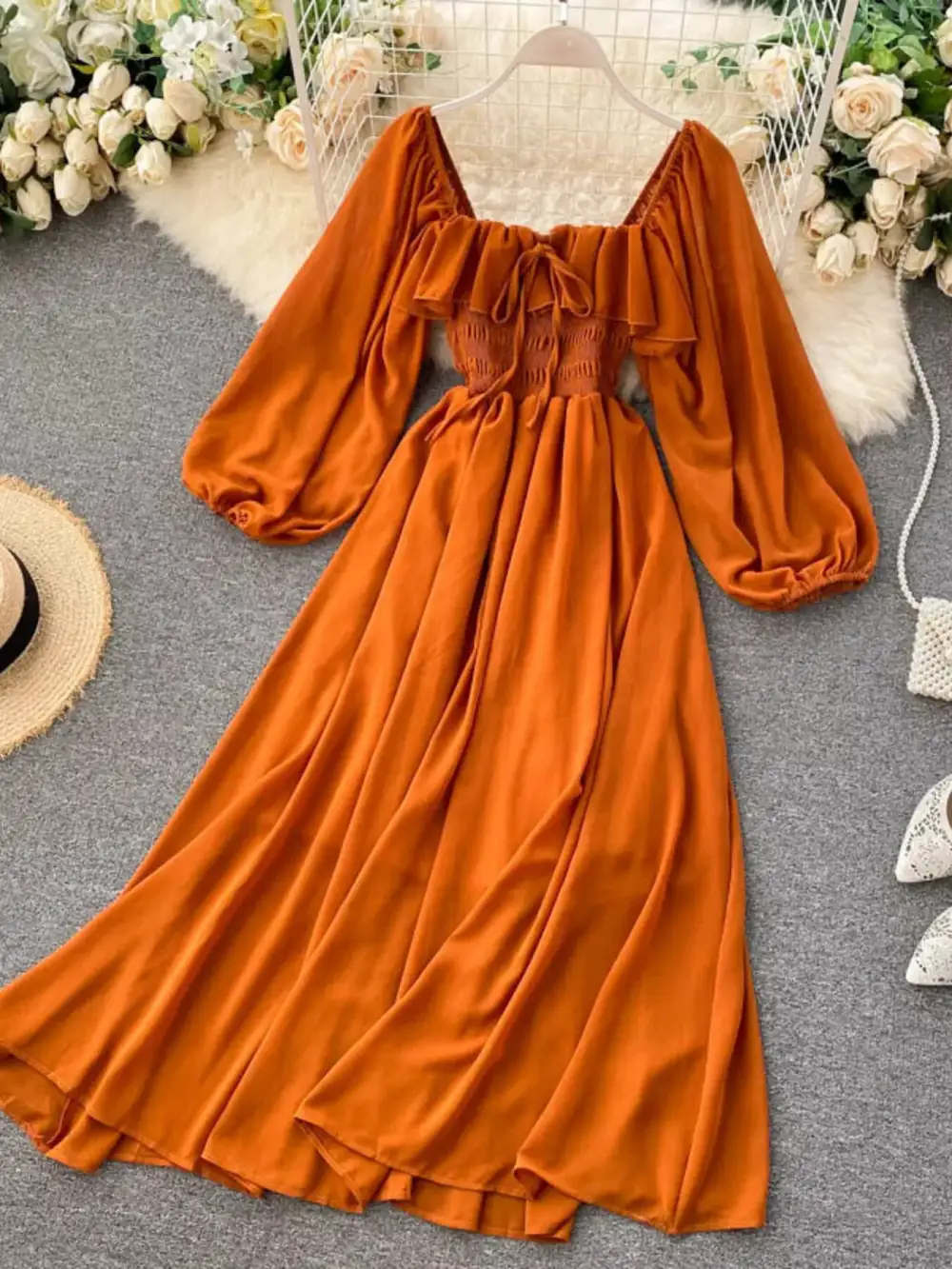 Ruffle Square Neck Balloon Sleeve a Line Dress