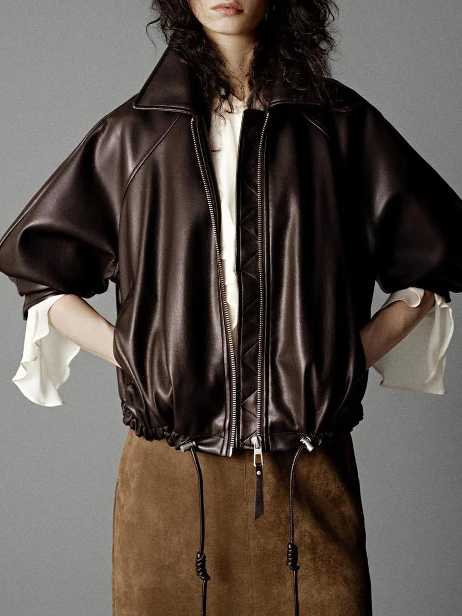 A Casual Brown Leather Jacket With A Large Lapel Hem And Drawstring