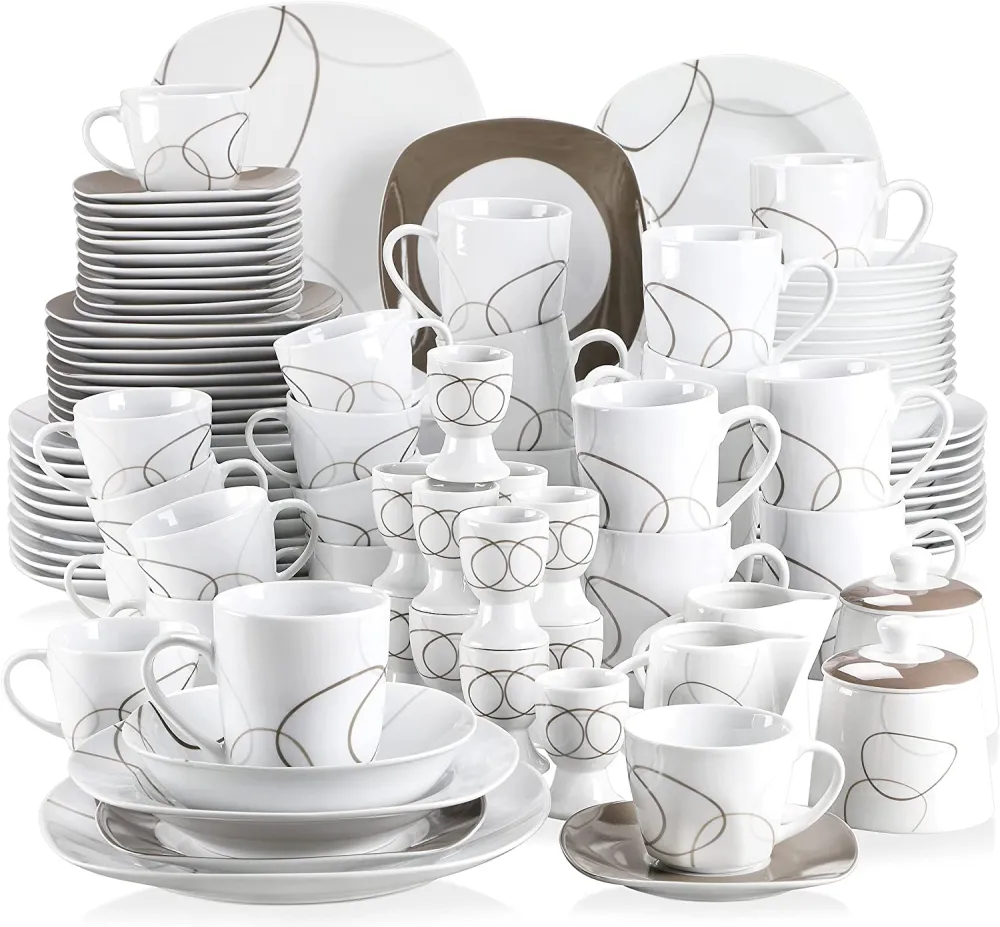 VEWEET, Series Fiona, 100-Piece Plates and Bowls Sets for 12, Including Porcelain Dishes Sets, Bowls, Mugs, Egg Cups, Cup and Saucer Set, Milk Jug and Sugar Pot Set, Microwave and Dishwasher Safe