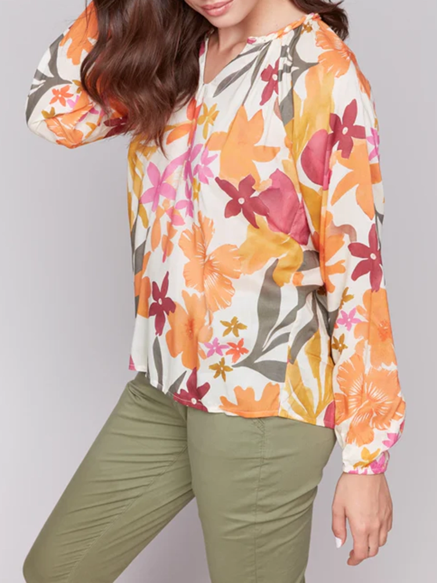 Artistic Floral All-Match V-Neck Long-Sleeved Top