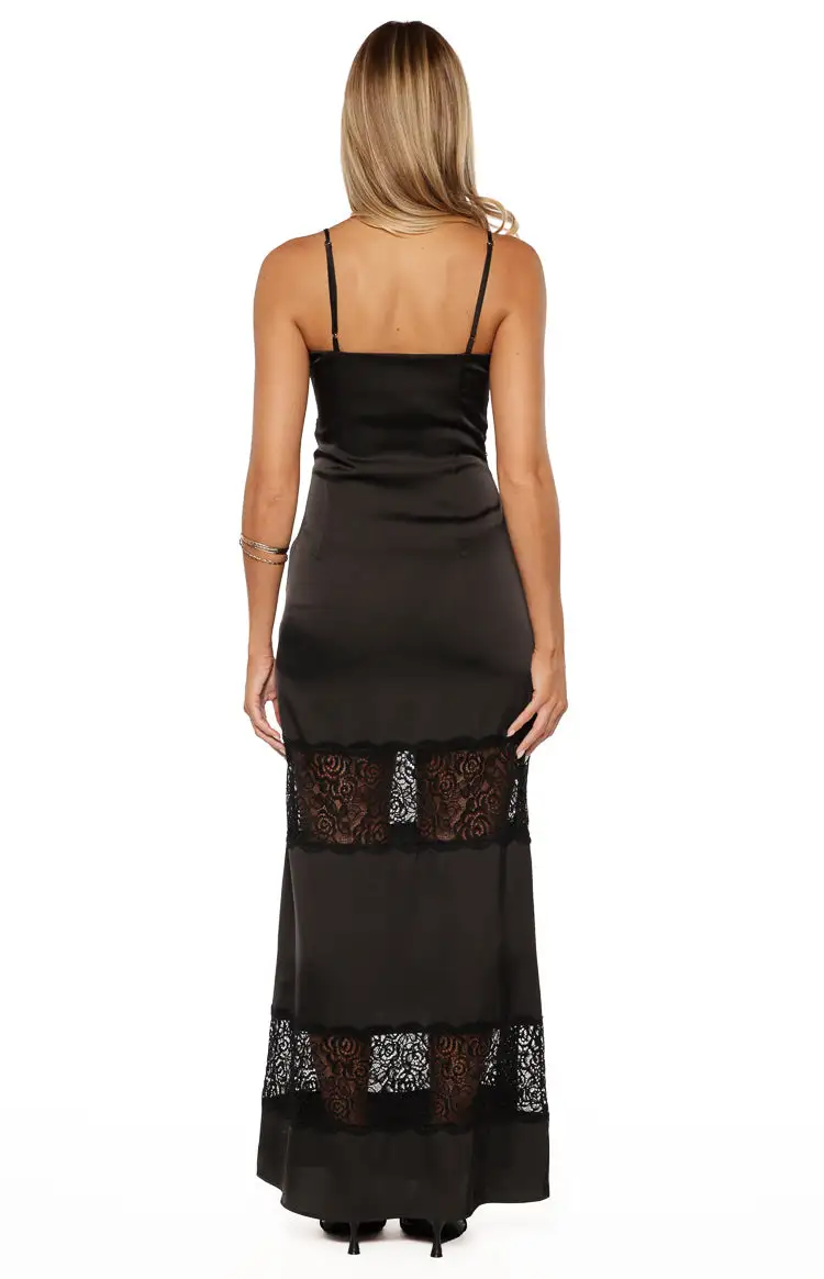 Satin Lace V Neck Maxi Dress