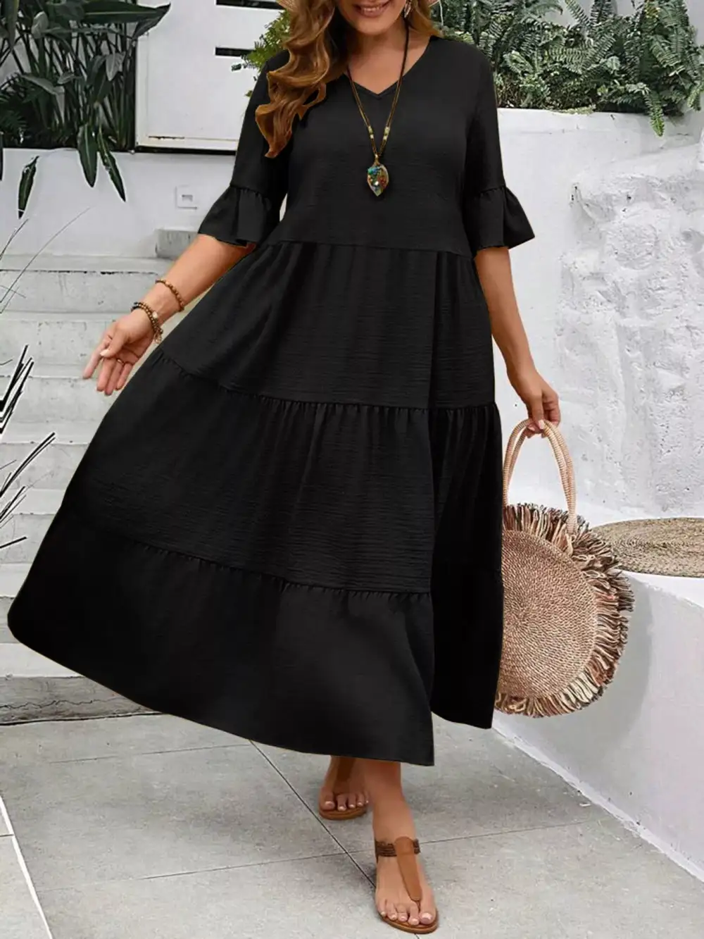 Plus Size Ruffle Sleeves Tiered Midi Dress