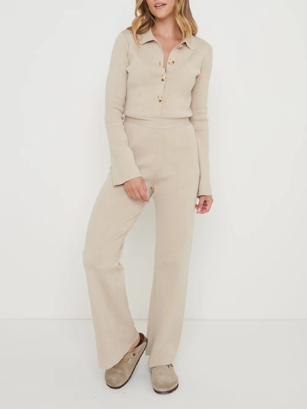 Wide Leg Knit Jumpsuit- Beige Marl