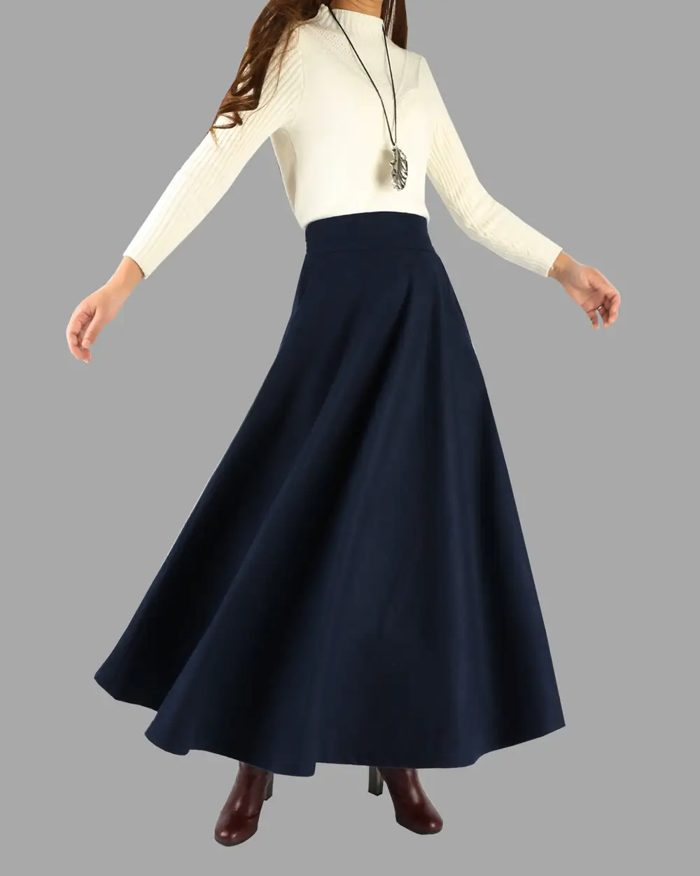 Casual Pleated Wool A Line Maxi Skirt