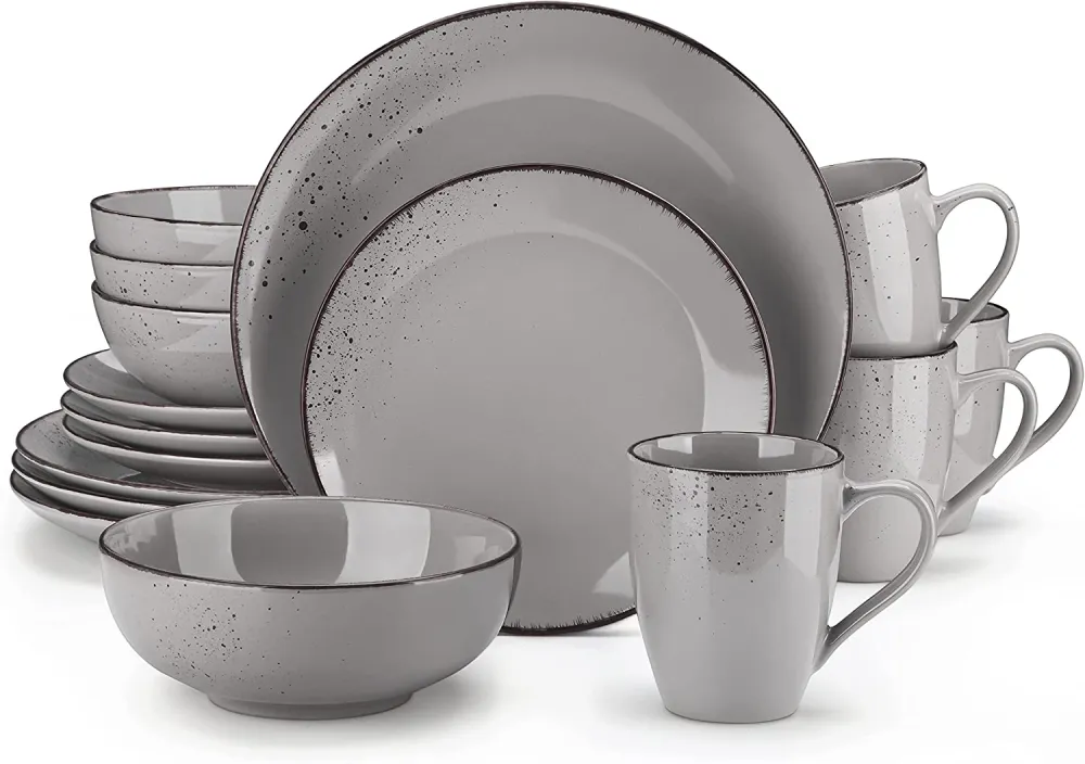 vancasso Navia Ceramic Dinnerware Set, 48 pieces Set of 12 Stoneware Spray Spot Patterned Service Dish with Dinner Plates, Salad Plates, Bowls, Mugs - Grey