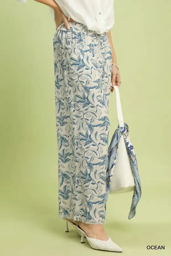Linen Printed Wide Leg Raw Hem Pants