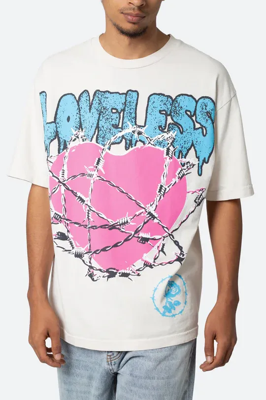 WHITE LOVELESS HEART BARBED WIRE T-SHIRT