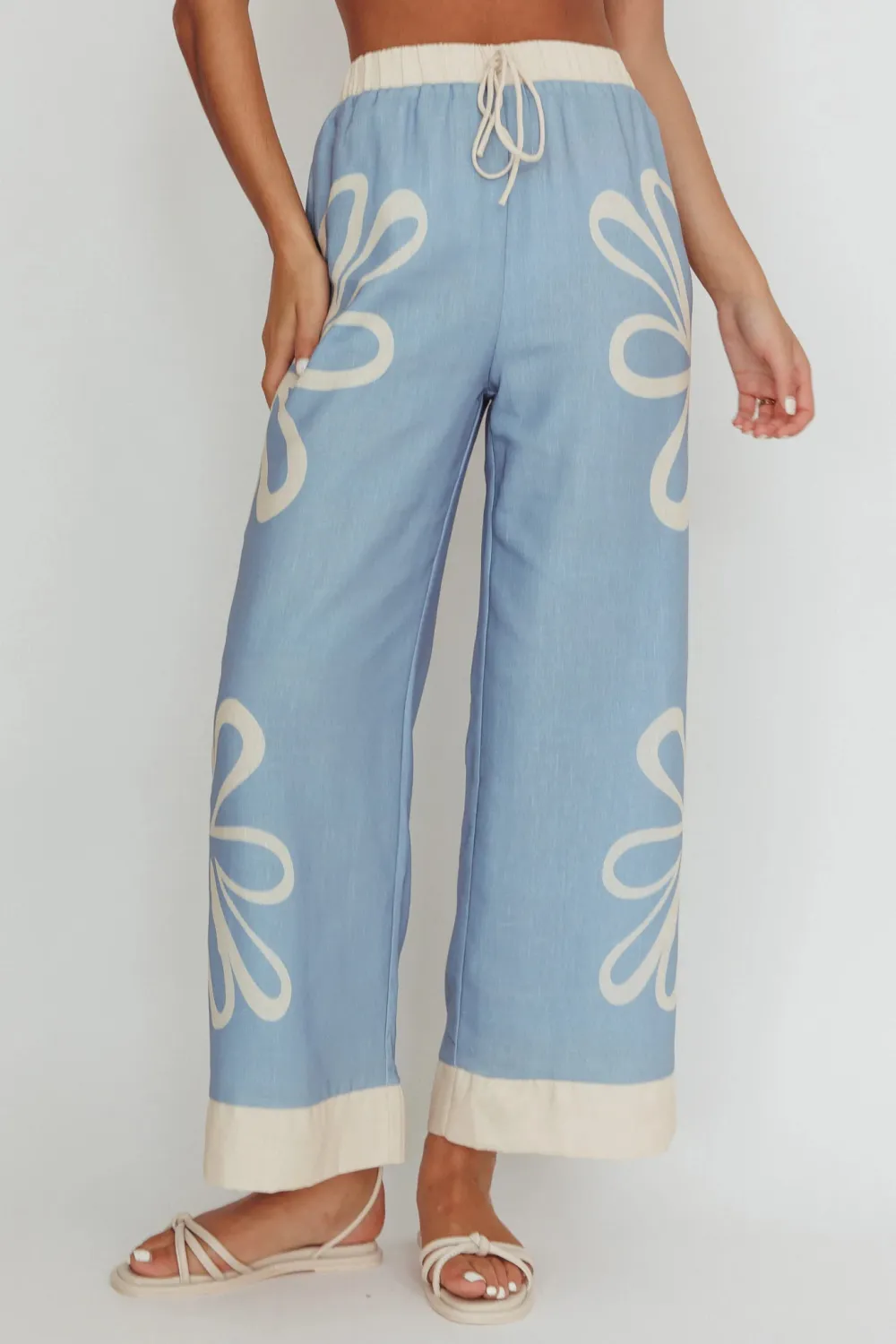 Soft Elastic Waist Plant Print Ladies Wide Leg Pants