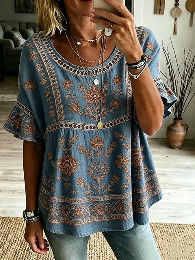Women's Vintage Floral Print Trim Ruffle Sleeve Peasant Blouse