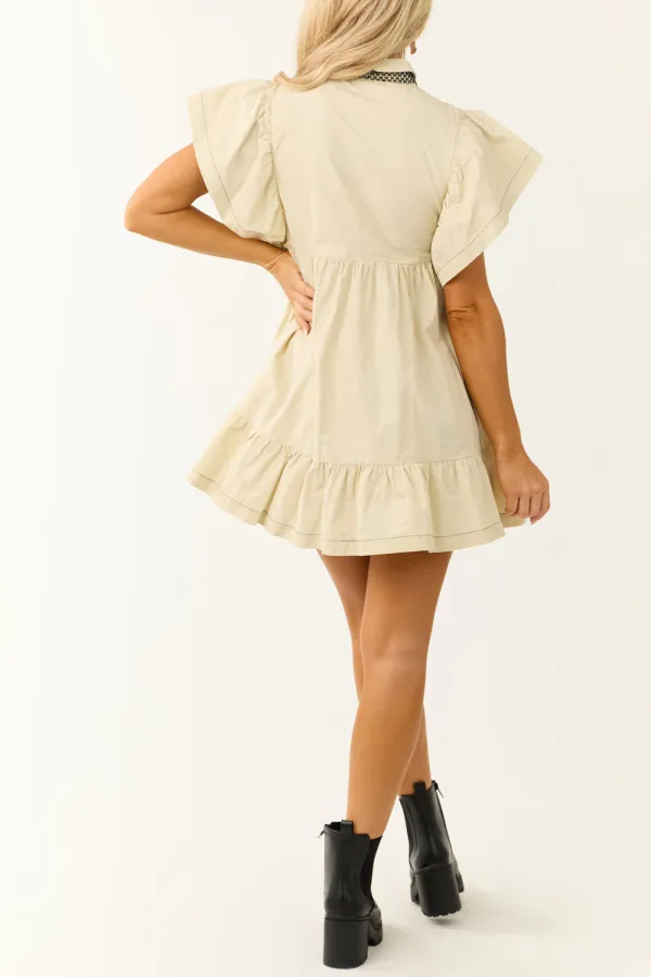 Cream Flutter Sleeve Button Up Short Dress