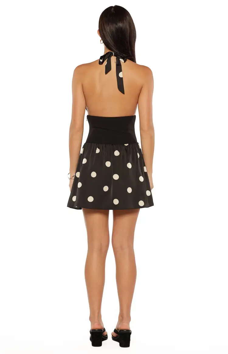 Halter Neck Polka Dot Satin Mini Dress