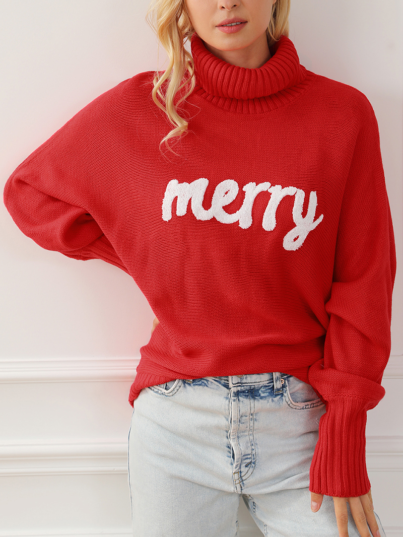 Fiery Red Merry Letter Embroidered High Neck Sweater