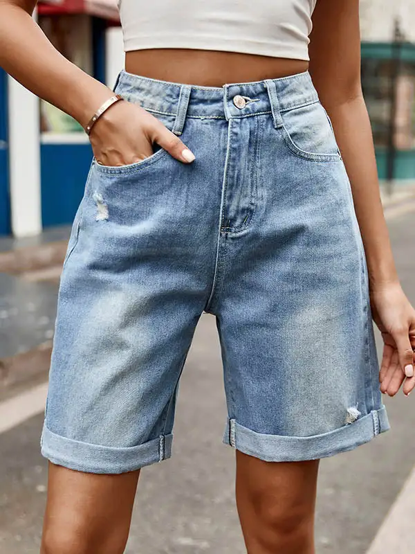 Hoog Getailleerde Losse Zakken Met Knopen Jeansbroeken Shorts