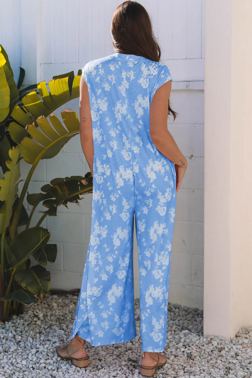 Floral Print Half Button Wide Leg Relaxed Sleeveless Jumpsuit