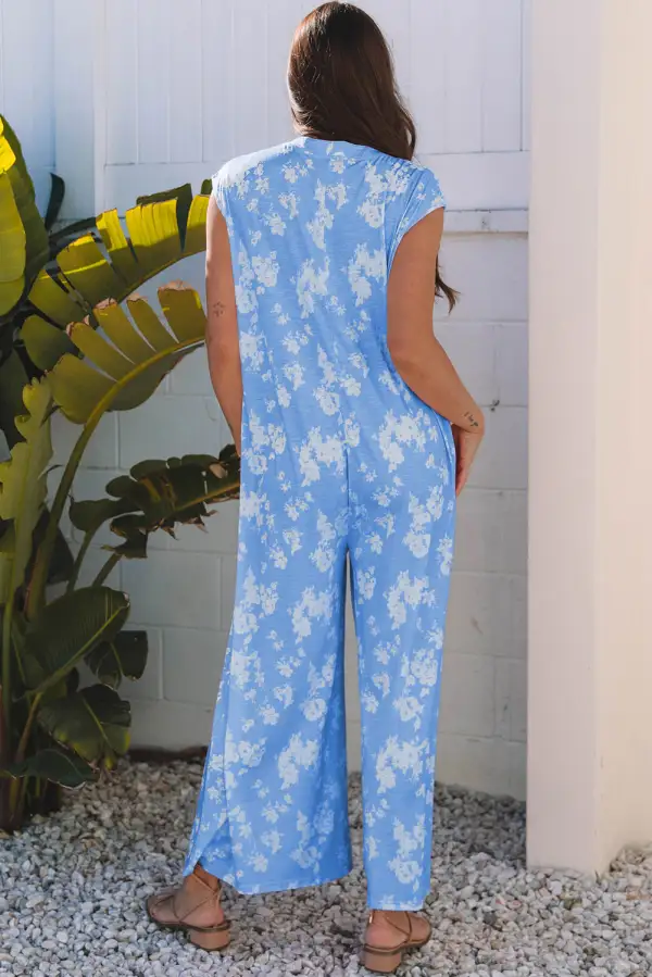 Floral Print Half Button Wide Leg Relaxed Sleeveless Jumpsuit