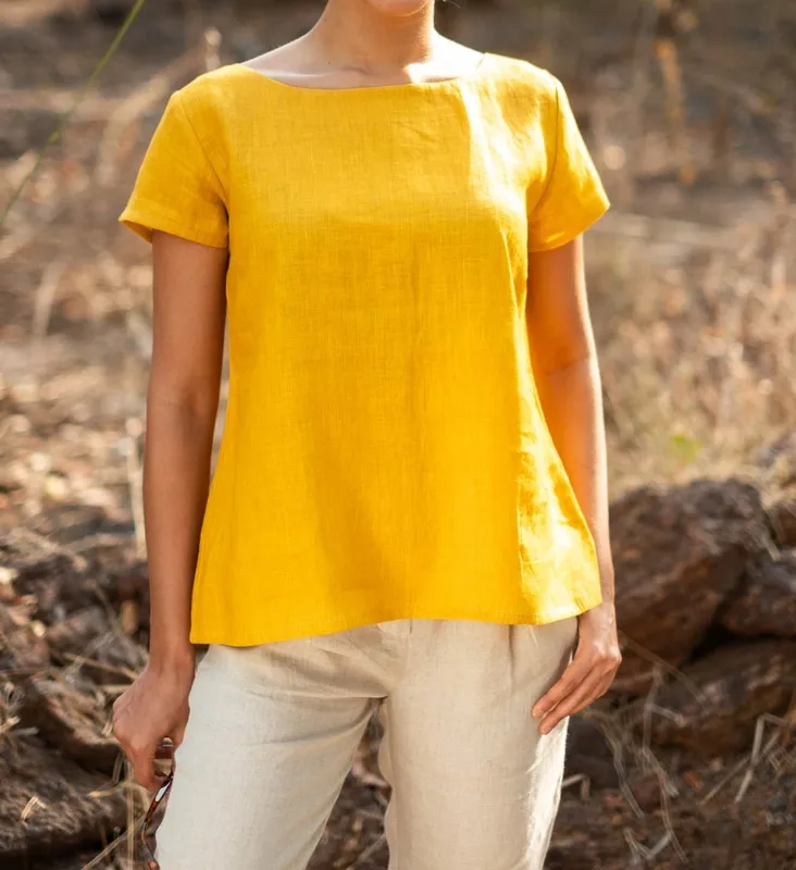 Mustard Linen Boat-Neck Top