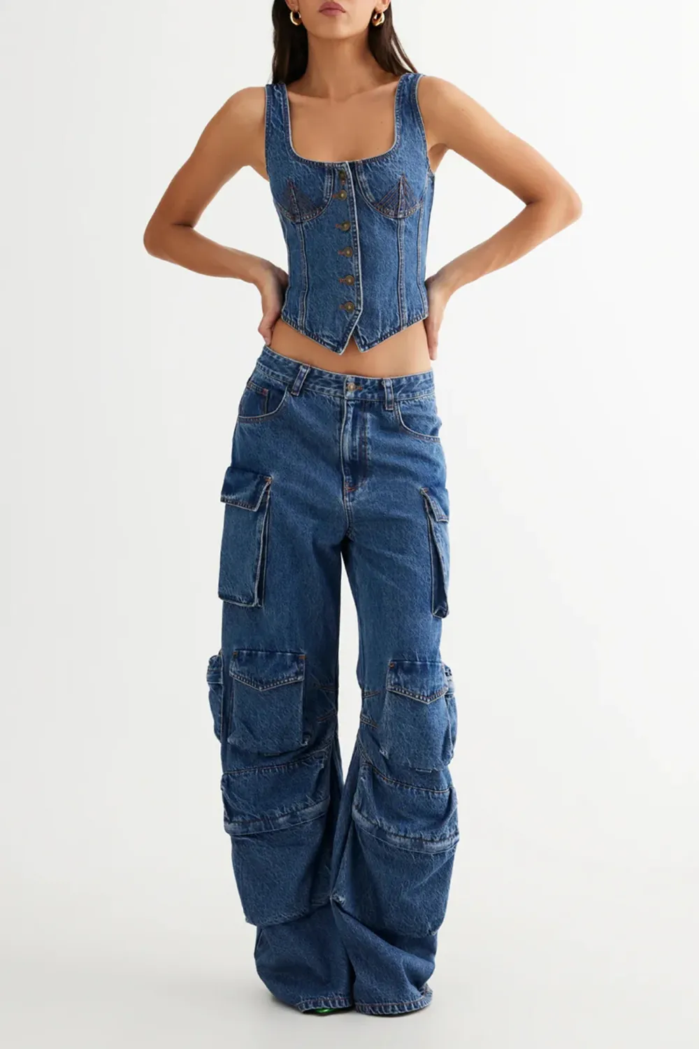 Trendy Workwear Style Multi-Pocket Jeans