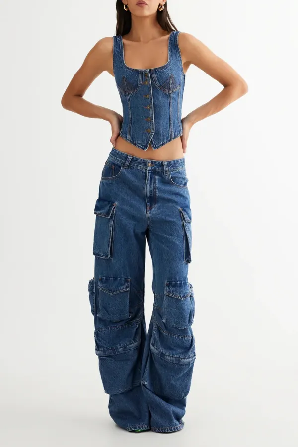 Trendy Workwear Style Multi-Pocket Jeans