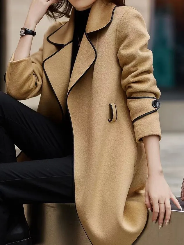 Lapel Collar Long Sleeve Plain Heavyweight Loose Coat For Women