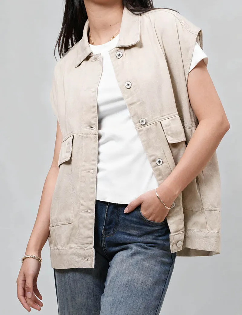 Button Front Turndown Collar Sleeveless Denim Vest
