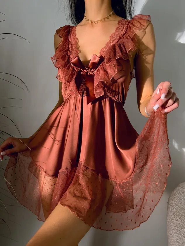 Deep V Sexy Romantic Elegant Lace Silk Nightdress