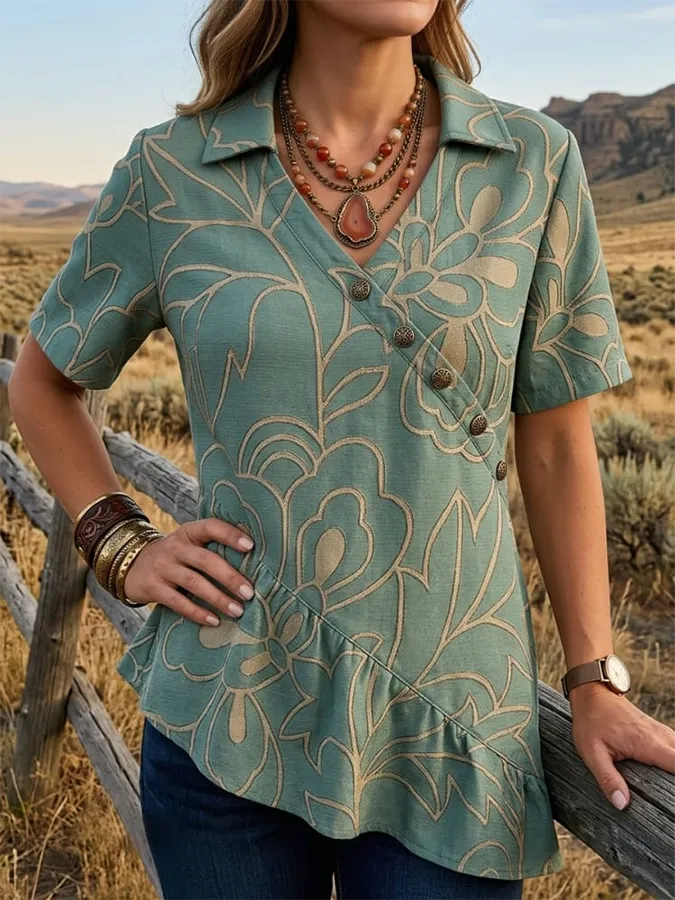 Vintage Western Art Print Casual Ruffles Denim Short Sleeve Shirt