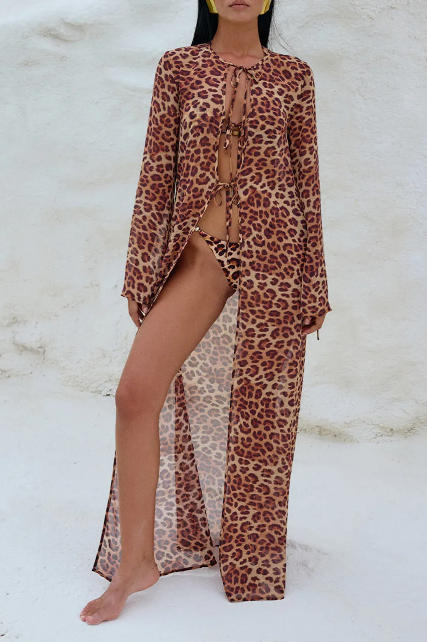 Long Leopard Print Micro-Sheer Swimsuit