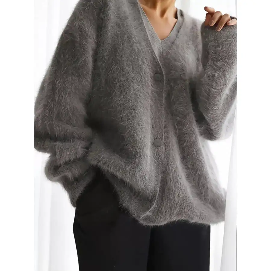 V Neck Button Down Fuzzy Knit Mohair Cardigan