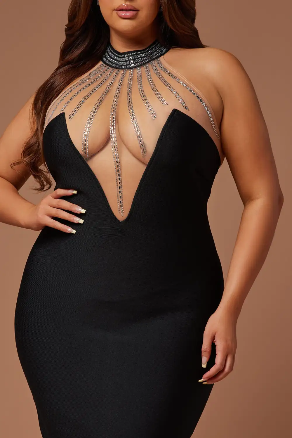 Lina Embellished Bandage Midi Dress - Black