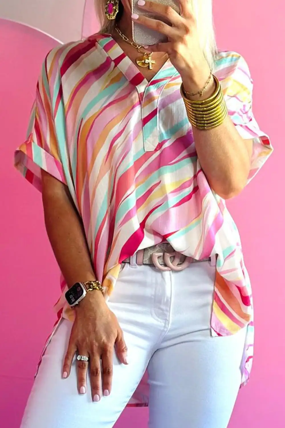 Short Sleeve Abstract Print Blouse