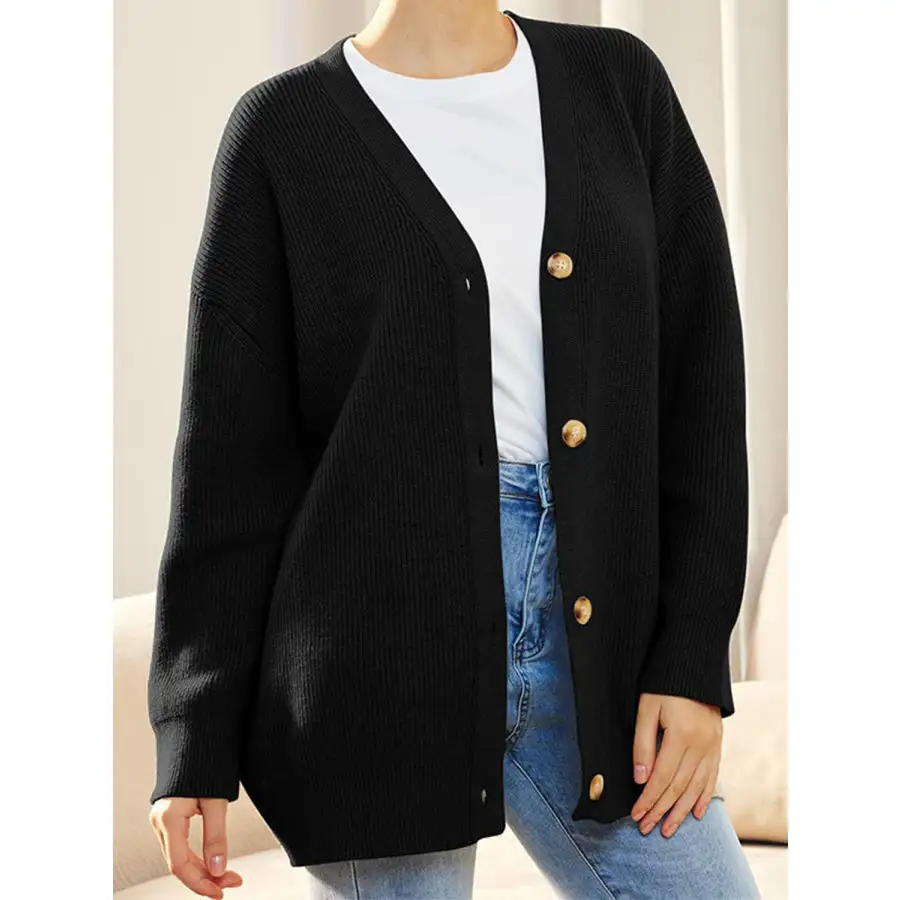 Button Down V Neck Long Sleeve Cardigan