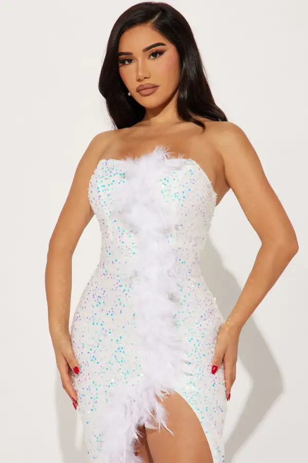 Tiffy Feathered Trim Midi Dress - White