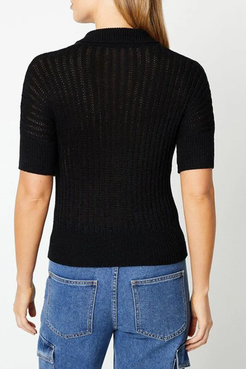 Casual Style Black Button Front Knitted Polo