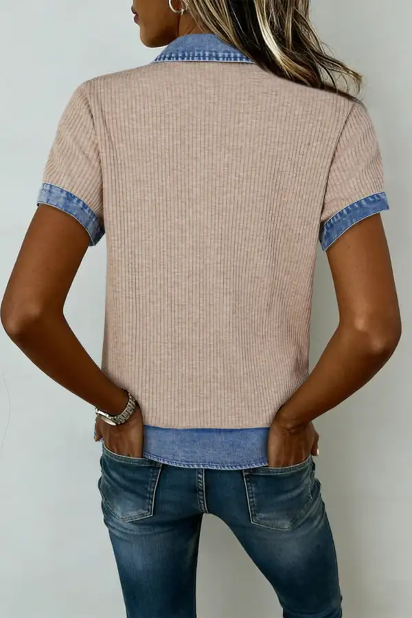 Beige Ribbed Knit Denim Color Block Patchwork Button Detail Collared Blouse
